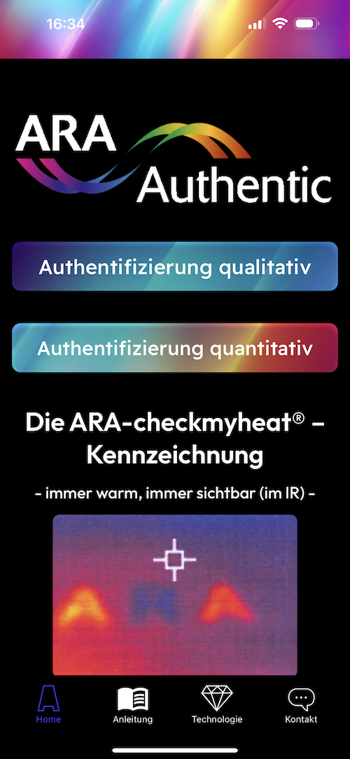 Ansicht der App, die für die Authentifizierung von Produkten entwickelt wurde, welche mit ARA-checkmyheat® gekennzeichnet wurden.